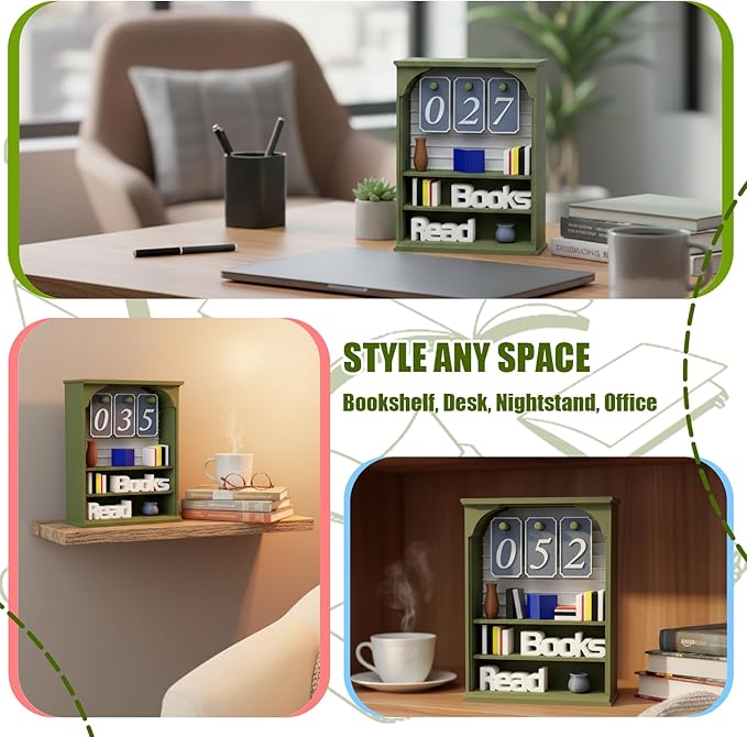 Books Read This Year Counter, Books Read Tracker for Reading Goal, Bookend Decor Book Accessories for Reader, Librarian and Teacher Reading Challenge Display (Olive)