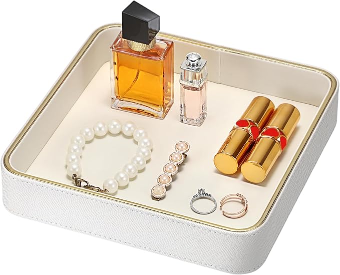 Hipiwe Perfume Tray Valet Tray Night Stand Bedside Organizer Perfume Organizer Catchall Trays PU Leather Bathroom Vanity Tray for Dresser Countertop Perfume Holder Women