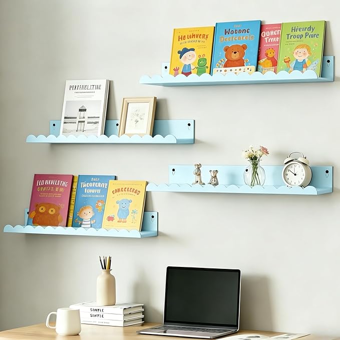 24 Inch Nursery Book Shelves Set of 4, Blue Metal Floating Shelves for Wall, Scalloped Cloud Book Shelf for Kids Room, Bathroom, Bedroom, Playroom Wall Decor & Storage