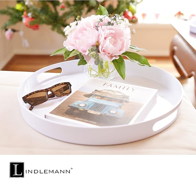 White Serving Tray Large Melamine Platter Round Breakfast Trays with Handles for Coffee Table Ottoman Living Room Home Décor Holiday Celebration & Party (17")