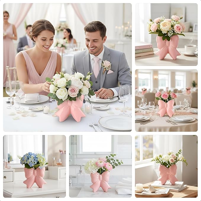 Jingmore Pink Bow Vase Coquette Ceramic Vase for Wedding Pen Holder Makeup Brush Holder Contemporary Design Decorative Women Gift for Home Office Shelf Table Room(Large, Classic)