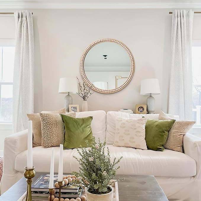 Antique Gold Round Wall Mirror 20", Ornate Beaded Metal Frame Mirror for Bathroom, Vintage Farmhouse Circle Accent Mirror for Bedroom Living Room Entryway or Vanity with Distressed Whitewashed Finish