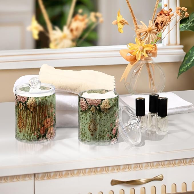 2 Pack Apothecary Jars Sweet Floral Green Background Bathroom Vanity Storage Organizer Set,Small Clear Plastic Storage Jars Bathroom Canister for Cotton Swabs, Rounds, Balls, Qtips,Makeup Spong