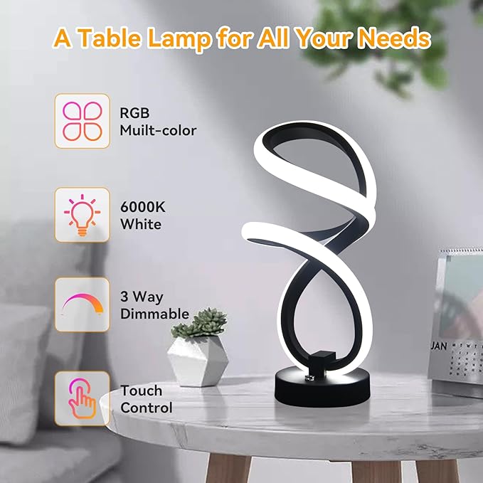 AVANLO Modern Table Lamps,Dimmable Spiral Lamp RGB Touch LED Bedside Lamp for Bedroom,Cool Desk Lamps Nightstand Home Decor Christams Lamp Gifts