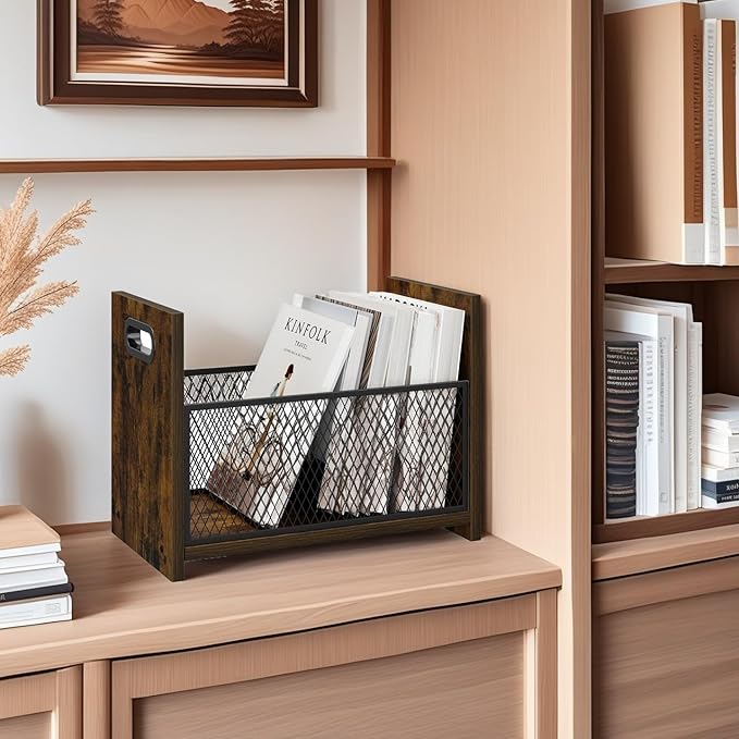Large Magazine Rack Floor Set of 2, Vinyl Record Storage, Magazine File Holder Storage Basket for Letters, Books, Newspapers, Desktop and Home Office, 15.35" L x 8.7" W x 11.8" H