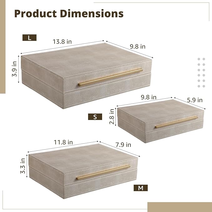 3 Pcs Ivory Shagreen Boxes, PU Leather Watch Jewelry Organizers with Velvet Lining, Golden Handles Decorative Boxes, Modern Nesting Storage Boxes for Dresser, Shelf, Closet