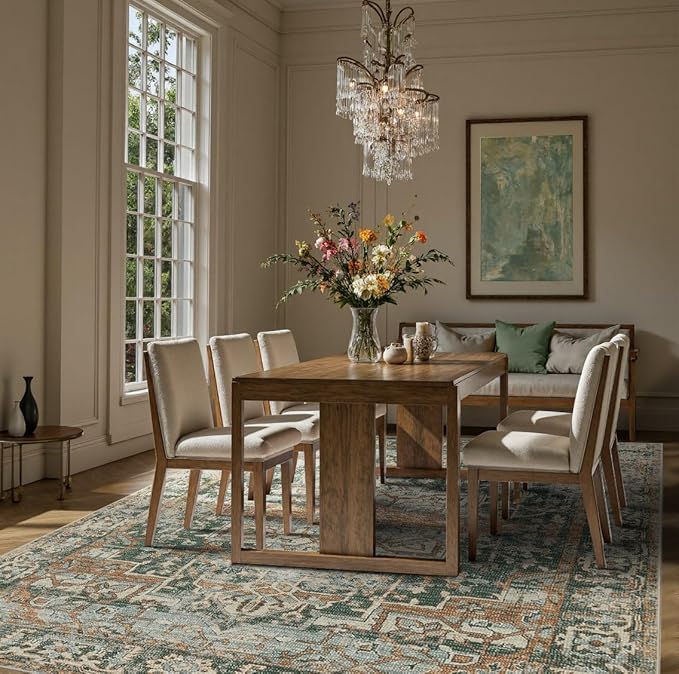Rugxara 8x10 Area Rugs for Living Room Bedroom, Large Washable Rug, Green Vintage Retro Boho Rug, Non Slip & Low Pile Faux Wool Thin Carpet for Indoor Dining Room and Kids Room(Green/Brown 8x10ft)