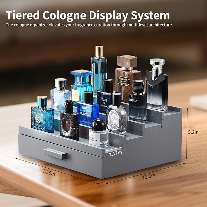 Perfume Organizer for Men, 4 Tier Wood Perfume Display Stand with Velvet Lining Drawer and Hidden Compartment for Watch,Jewelry,Perfume Display Risers,A Gift for Men (Gray)