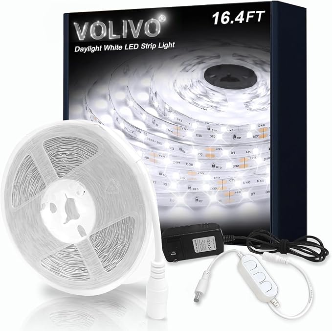 VOLIVO White LED Strip Lights, 16.4ft Dimmable LED Lights Strip 6500K Bright Daylight White, Strong Adhesive, Flexible Tape Light for Mirror, Kitchen Cabinets, Bedroom