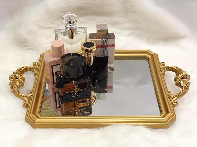 Rectangle Vintage Mirror Tray, Decorative Dresser Organizer for Perfume Makeup and Jewelry, Vanity Serving Tray for Party Gathering, 15.4 inch x 9.8 inch (Golden)