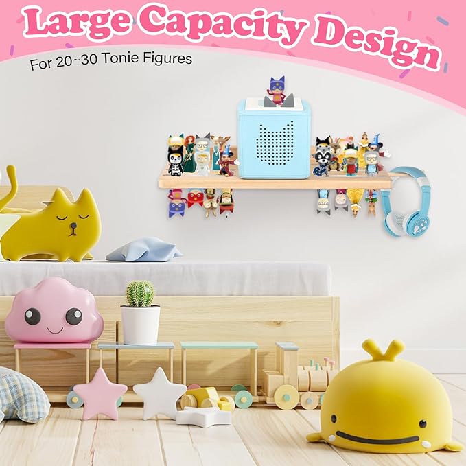 for Tonies Box Storage Shelf Wall Mounted, Magnetic Pine Wood Floating Shelves Organizer for Tonie box1/2 Player, Tonies Figures, Earphones, Display Collection 20~30 Characters