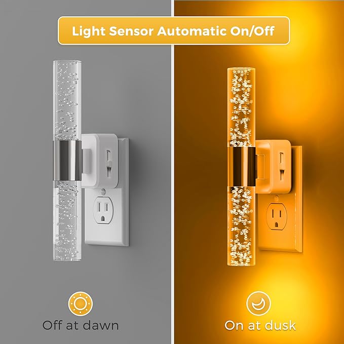 L LOHAS LED Amber Night Light, 2-Pack, Bubble Acrylic Night Lights Plug into Wall, 180° Rotating Nightlights, Light Sensor, Yellow Nightlights Dimmable, Sleep Light for Kids Bedroom Bathroom Hallway
