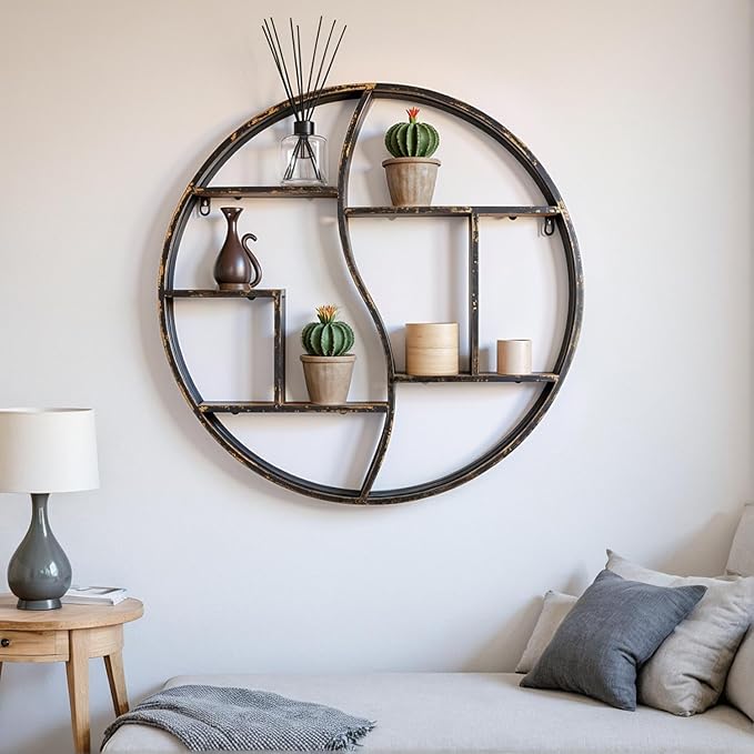 Round Wall Shelf,24 inch Metal Circle Shelf Wood Floating Shelves,Rustic Retro Wall Mounted Display Organizer Shelf for Fireplace,Living Room,Bathroom