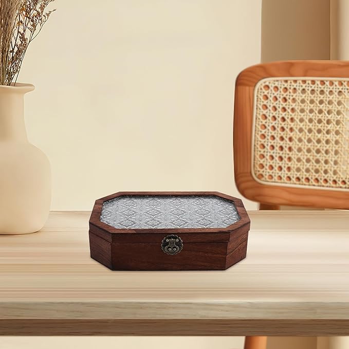 Wooden Makeup Storage Box with Lid Small Keepsake Jewelry Organizer Decorative Vanity Desk Storage for Home and Dining Room