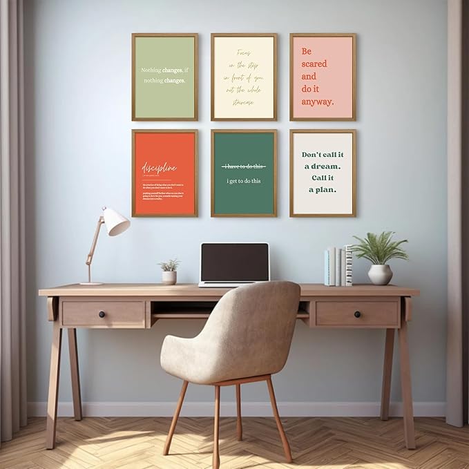Office Wall Art Motivational Posters Inspirational Quote Canvas Wall Decor Office Positive Pictures Inspirational Classroom Art Motivational Work Prints for Gym Home 8x10 Inch Framed Set of 6