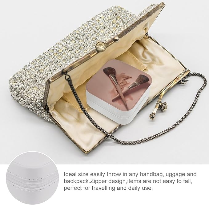 Two Makeup Brushes Jewelry Box Portable Mini Travel Case Display Storage Holder Boxes PU Leather Small Jewelry Organizer for Women for Stud Earrings Rings Necklaces Bracelets