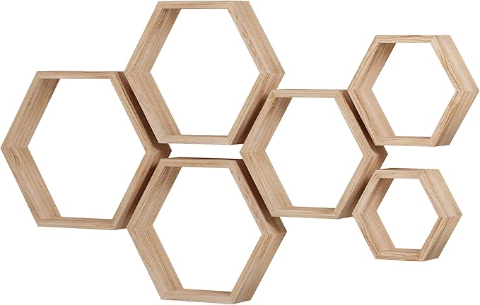 WONFUlity Hexagon Floating Shelves Honeycomb Wall Mounted Wood Farmhouse Storage for Bathroom, Kitchen, Bedroom, Living Room - Driftwood Finish, Light Brown