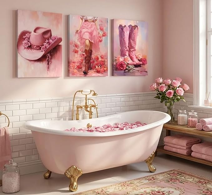3Pcs Pink Cowgirl Canvas Wall Art Funky Cowgirl Boots Pictures Wall Decor Western Flower Boots Hat Aesthetic Posters Prints Paintings for Preppy Room Bedroom Apartment Decoration Prepare to hang
