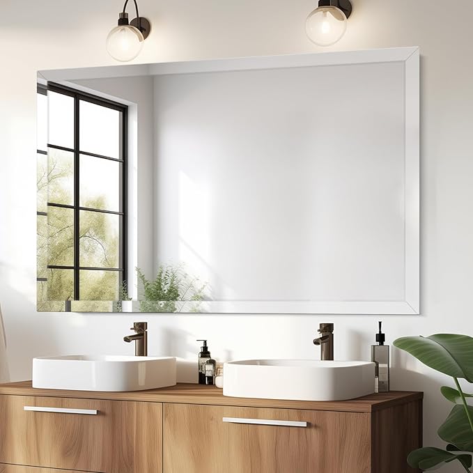 40x30 Inch Rectangle Frameless Mirror, Beveled Bathroom Mirror, Frameless Wall Mirror with 1" Beveled Edge for Bathroom Vanity, Entryway, Living Room