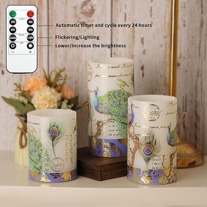 Flameless Candles Peacock Decor Battery Operated Candle with Remote Real Wax Flickering LED Pillar Candle Vintage Home Decor for Spring, Summer, Wedding Decor, Mothers Day Gifts
