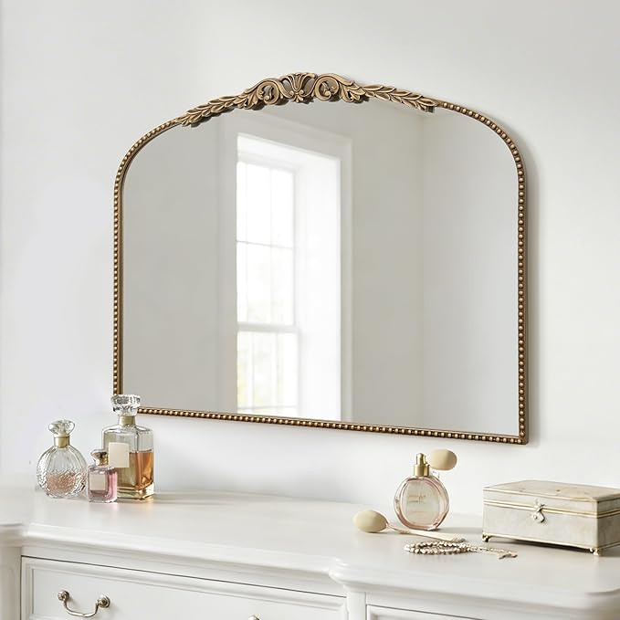 Besdomus Gold Vintage Vanity Mirror: 24"x 32" French Baroque Arched Mirror - Traditional Ornate Antique Mirrors for Wall/Dresser/Mantel/Bedroom/Entryway/Bathroom/Hallway - Home Decor for Living Room