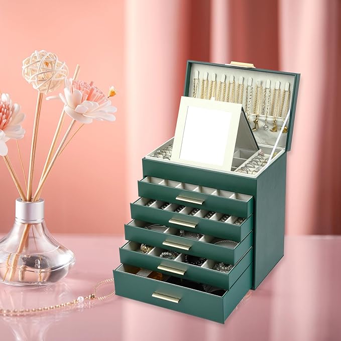 BOOVO Jewelry Boxes for Women, White and Black 6 Layer Large Jewelry Box for Necklace, Bracelet, Earrings, Rings Storage, Jewelry holder Organizer for Girls Gift (Green and Gold, 6 layer)