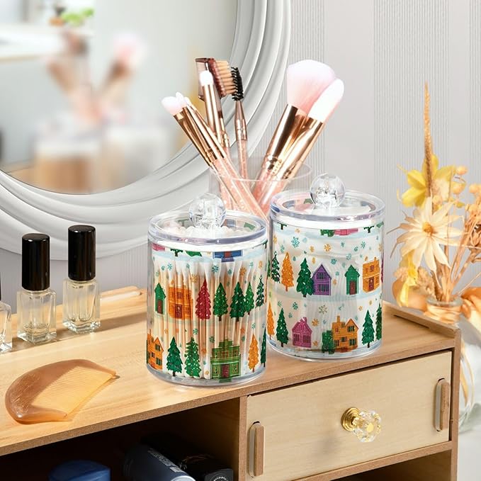 2 Pack Apothecary Jars Christmas Village Trees Pattern Bathroom Vanity Storage Organizer Set,Small Clear Plastic Storage Jars Bathroom Canister for Cotton Swabs, Rounds, Balls, Qtips,Makeup Spo