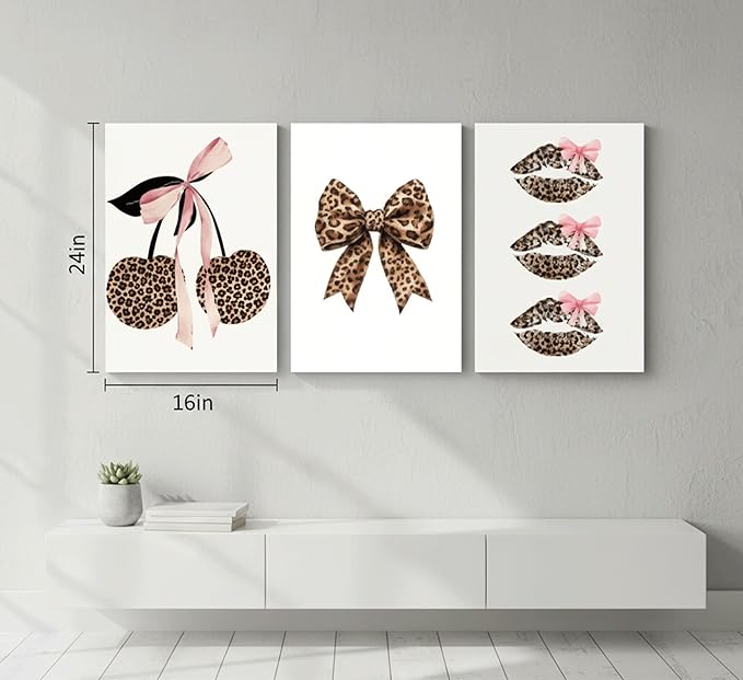 3Pcs Trendy Leopard Print Canvas Wall Art,Fashion Bow Cherry Lips Y2k Poster Pictures,Stylish Preppy Aesthetics Girls' Rooms Wall Decor for Bedroom Dorm Apartment.24x16in Framed