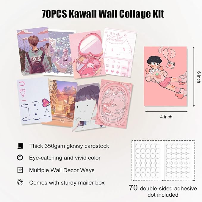 KBKBART Anime Aesthetic Wall Collage Kit, 70pcs Kawaii Room Decor, Pink Cartoon Assembled Print Card Set, Anime Photo Wall Collage Posters for Room Aesthetic, Cute Danish Pastel Wall Art 4x6 for
