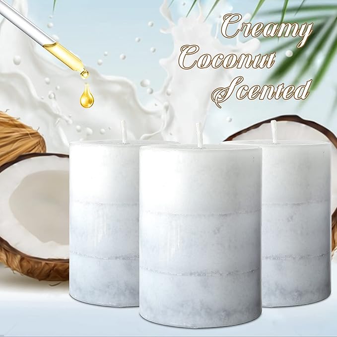 Set of 3 Scented Pillar Candles Creamy Coconut Scented 3" x 4" Long-Lasting Burn Candle White Gray Palette Pillar Candle Clean Burning No Drip Candles Gift for Home Party Dinner Table Decor