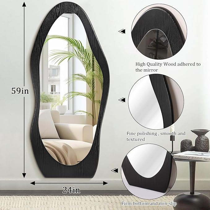 Full Length Mirror Black Irregular Wavy Mirrors 59" x 24" Asymmetrical Wall-Mounted Full Body Standing Mirror Wood Frame Mirrors for Cloakroom Bedroom Living Room
