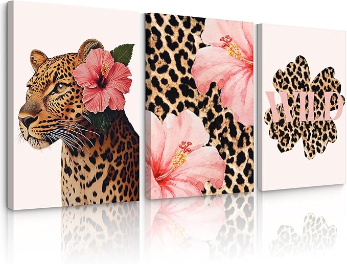 Trendy Leopard Wall Art Pink Cheetah Print Room Decor Leopard Flower Canvas Wall Decor Cheetah Aesthetic Poster Girly Pink Preppy Picture Funky Y2k Artwork for Girl Bedroom 12x16x3 Inch Wrapped Canvas