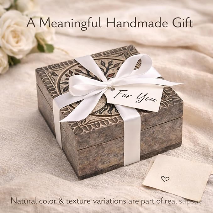 Hand Carved Marble Soapstone Square Shape Jewellery Box | Storage Organizer | Decorative Trinket Ornament Holder. (Multicolor, Length 4 Inch x Width 4 Inch x Height 2 Inch)