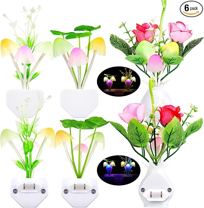 Mudder 6 Pack Mushroom Night Light LED Night Light Plug in Lamp 7 Color Changing Magic Cute Shaped Lamp Wall Decor for Adults Bathroom Home(Lotus Leaves, Rose)