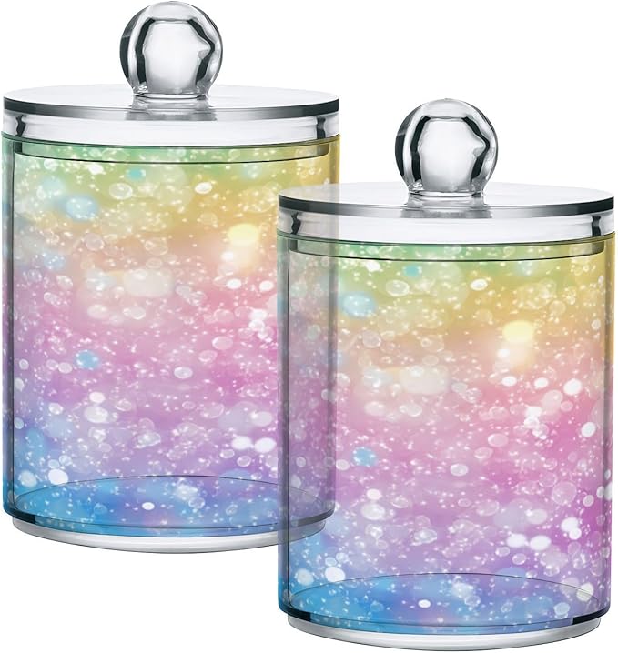 Nander 4Pack Sparkling Rainbow Background Qtip Holder Dispenser -Clear Plastic Apothecary Jars Set - Restroom Bathroom Makeup Organizers Containers for Cotton Swab, Ball, Pads, Floss
