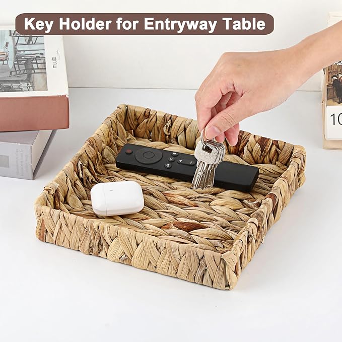 Natural Water Hyacinth Tray Handwoven Wicker Basket Tray for Decoration Square Serving Tray for Coffee Table Living Room Kitchen, 8.5" x 8.5" x 1.6"