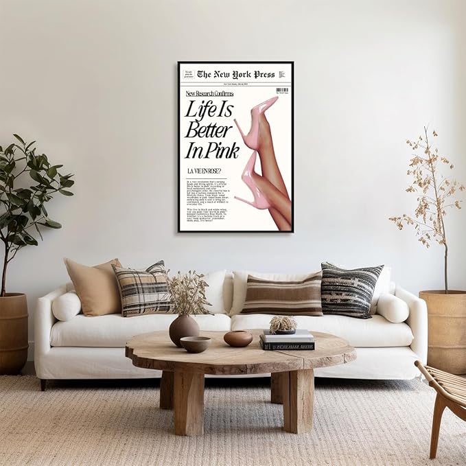 Trendy Baby Pink Poster 70s Canvas Prints The New York Press Wall Art Life Is Better in Pink Hot Girl Posters Preppy Aesthetic Decor Bedroom for Cool Girly Room Home Dorm 24x36inch black framed