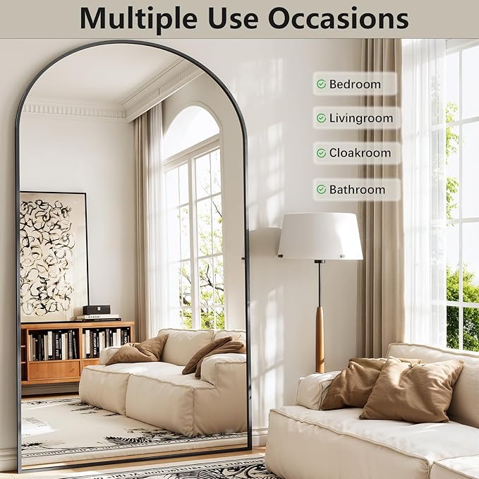 Oversized Full Length Mirror, 40"x80" Large Arched Floor Mirror Full Length with Stand, Room Decor Big Full Body Mirror with HD Tempered Glass Aluminum Frame for Bedroom Living Room, Black