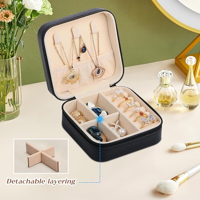 Travel Jewelry Case with Compact Mirror, Eiffel Tower Pink Rose Exquisite PU Leather Jewelry Boxes for Women and Gril, Best Gifts for People Who Travel - Dainty Jewelry Organizer
