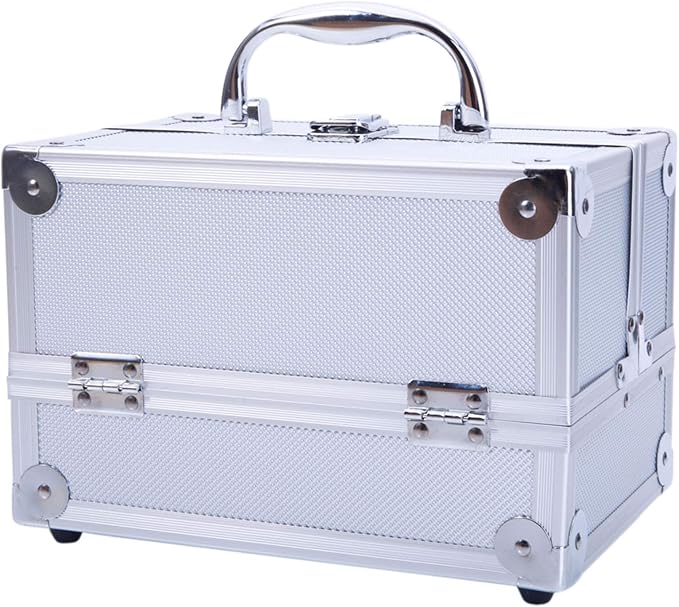 Makeup Box Train Case Large Storage Capacity Trays with Mirror Portable Travel Cosmetic Organizer with Brush Holder, Makeup Travel Train Case, 9" Lx 6" W x 6" H Silver