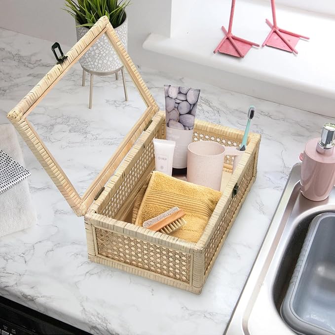 Boho Rattan Display Boxes with Glass Lids, 3 Pcs Large Natural Handwoven Cane Basket, Home Decor Organizers Storage Bins, Natural Finish Display Boxes