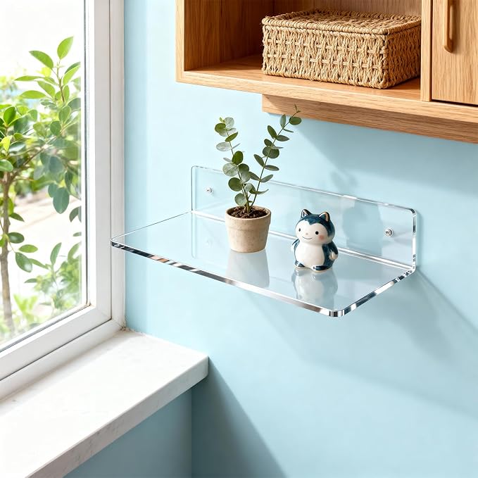 Haploon 4 Pcs 12 Inch Clear Acrylic Floating Shelves Wall Mounted Shelves Invisible, L-Shaped Acrylic Shelf Clear Floating Shelf for Wall Storage, Makeup Plant Photo Book Display