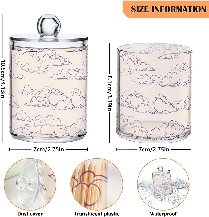 2 Pack Apothecary Jars Watercolore Purple Cloud Shape Bathroom Vanity Storage Organizer Set,Small Clear Plastic Storage Jars Bathroom Canister for Cotton Swabs, Rounds, Balls, Qtips,Makeup Spon