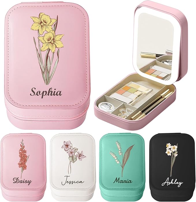 Personalized Travel Jewelry Case with Led Mirror Custom Makeup Mirror with Birth Flower and Name Leather jewelry Organizer Personalized jewelry Box Birthday Christmas Gifts For Women Girls