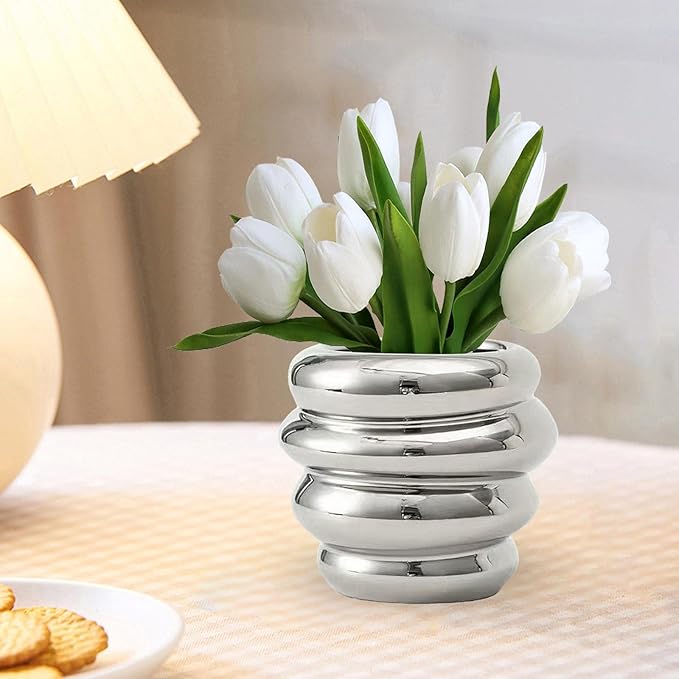 Ceramic Vase for Plants and Makeup Brushes, Organizer for Desk and Bathroom, Argent 11.5x10cm