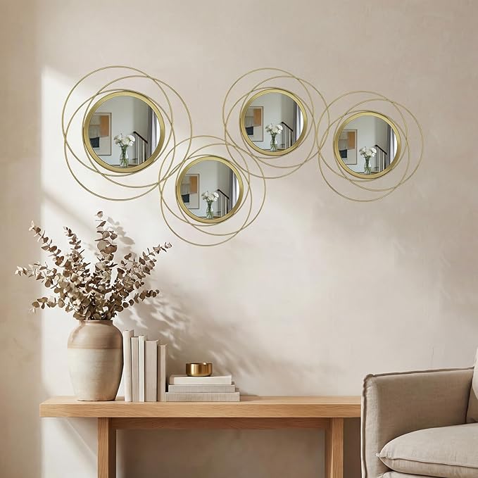 4 Piece Gold Round Wall Mirror Set Modern Metal Circle Home Decor for Living Room Bedroom Entryway 11/9 Inch Decorative Mirrors Minimalist Wall Art for Home