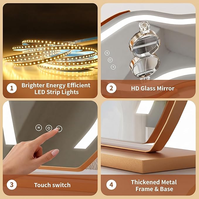 Makeup Mirror with Lights -17″ Cloud Shaped Smart Touch 3-Color Dimmable 360° Rotation Memory Metal Frame Plug-in AC Power Tabletop Vanity Mirror Gift for Women Teen Girls Gold