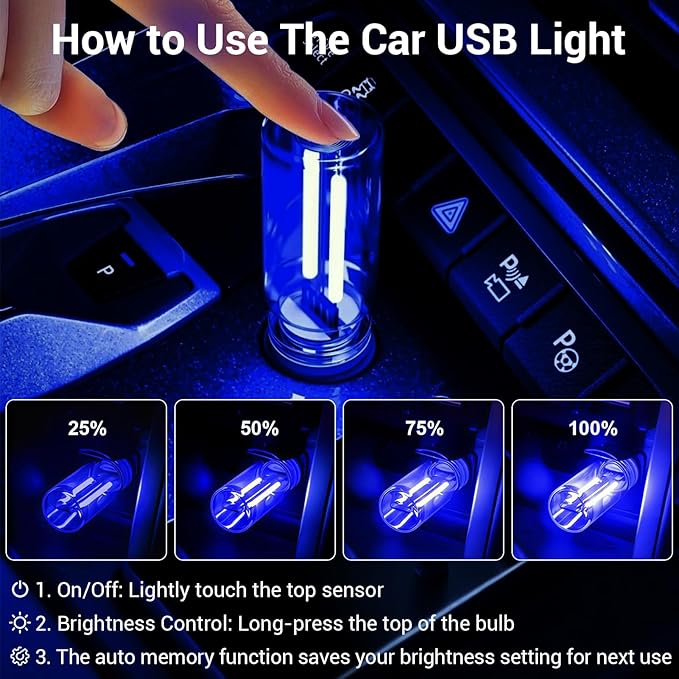 Car USB Light Bulbs, Retro Glass Bottle LED Night Lamp with Touch Dimmable Control, Portable Interior Ambient Lighting for Vehicle, Bedroom, Hallway, Camping, Gift for Christmas or Birthday,Blue