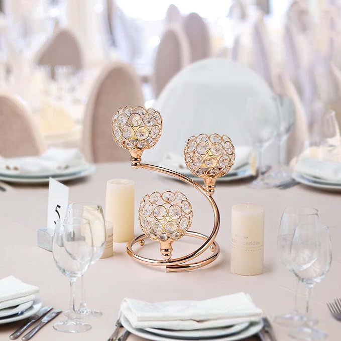 Metal Crystal Candle Holder Set of 3 - Elegant 5-Arm Metal Tea Light Centerpiece with Shining Crystal Bowl, Wedding Anniversary Table Decor for Dining, Party (Gold, 6 Pcs 3 Arm)