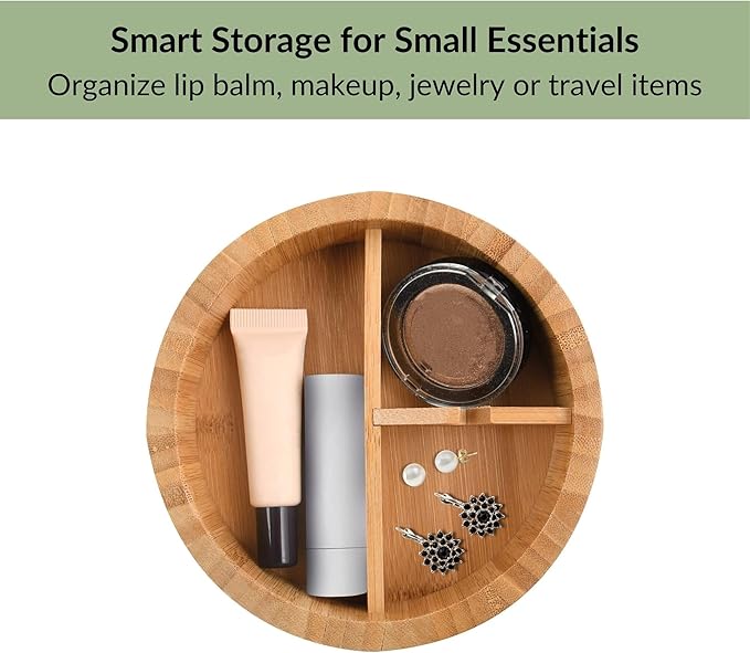 EVIDECO French Home Goods Round Bamboo Box with Mirror Lid - 3-Compartment Organizer for Jewelry, Makeup & Small Accessories - Compact 5.25-Inch Design for Bathroom, Vanity or Dresser